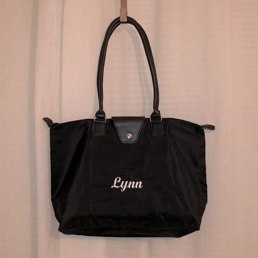 JoAnn Marie Designs LYNN Black Vinyl Personalized Foldable Packable Shoulder Bag